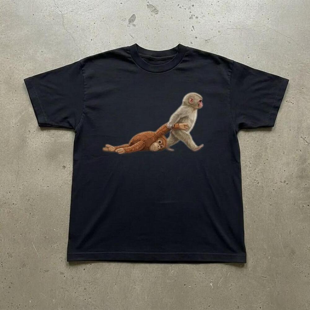 Black Graphic Tee With Monkey